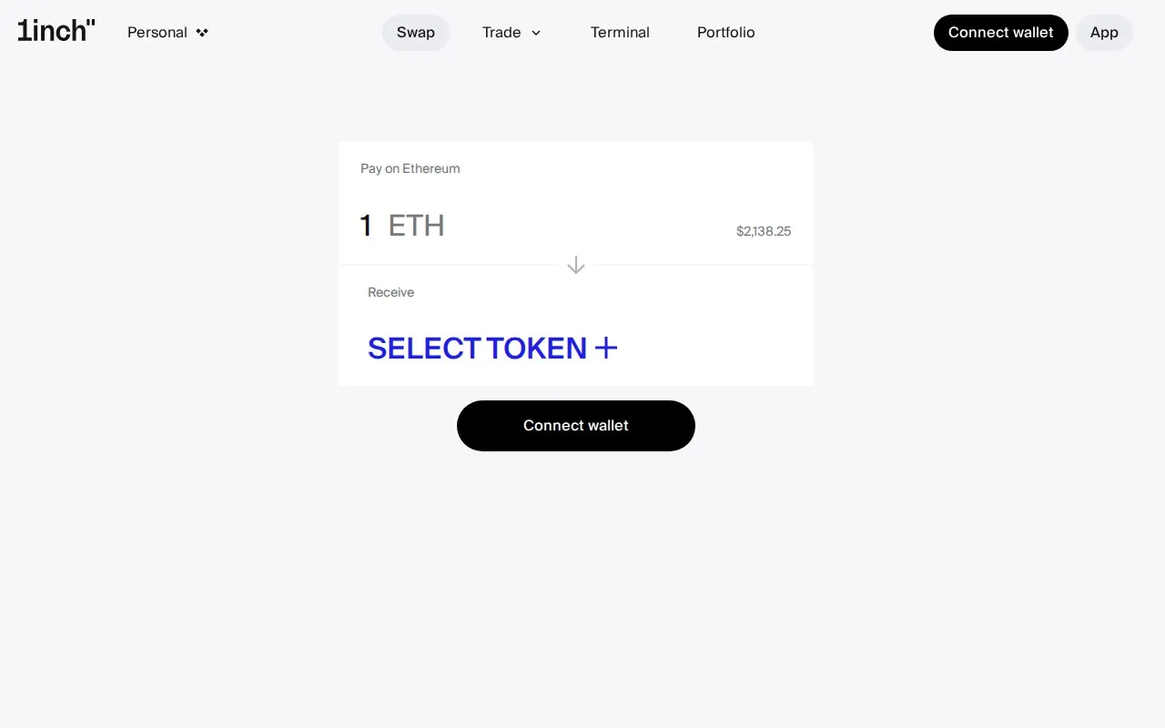 1inch DEX aggregator swap interface showing token selection and route optimization