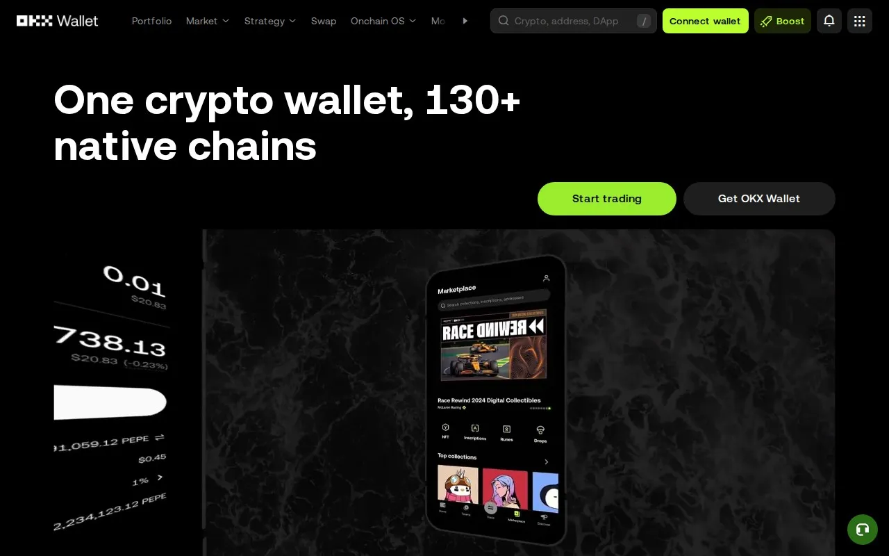 OKX Web3 Wallet homepage showing multi-chain wallet features and DeFi access