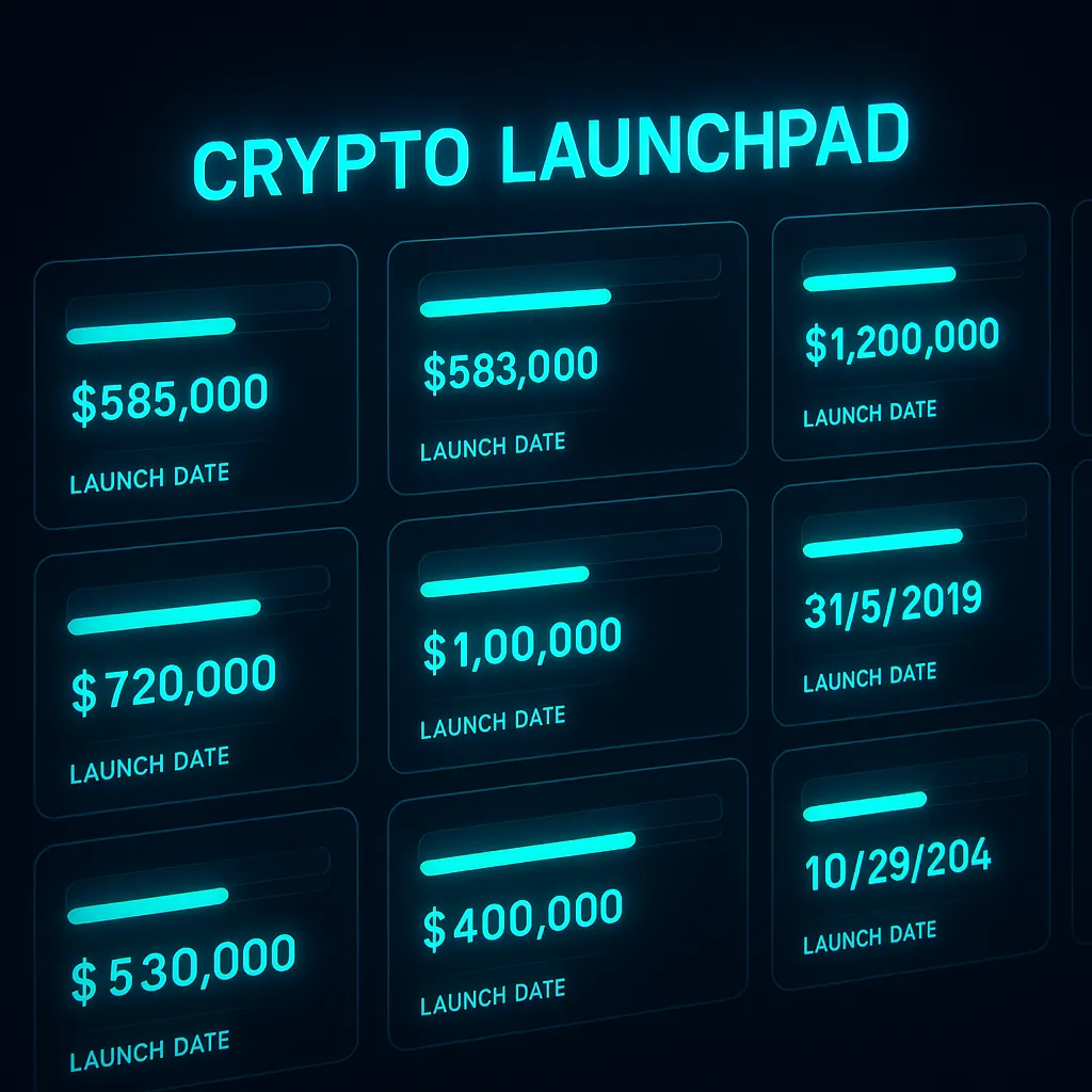 Crypto launchpad interface showing upcoming token launches and funding progress