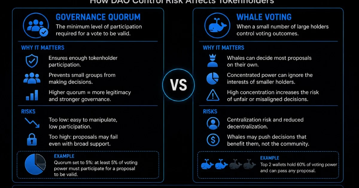 Governance Quorum vs Whale Voting: How DAO Control Risk Affects Tokenholders