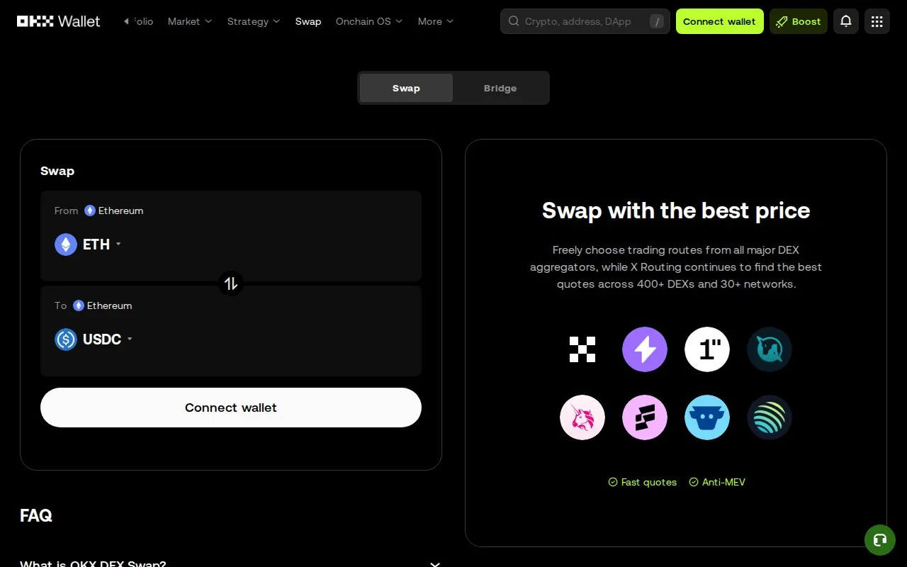 OKX Web3 DEX swap interface showing cross-chain token swap functionality