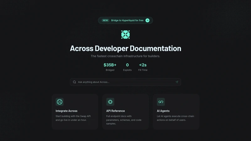 Across developer documentation homepage with cards for integrations and API reference