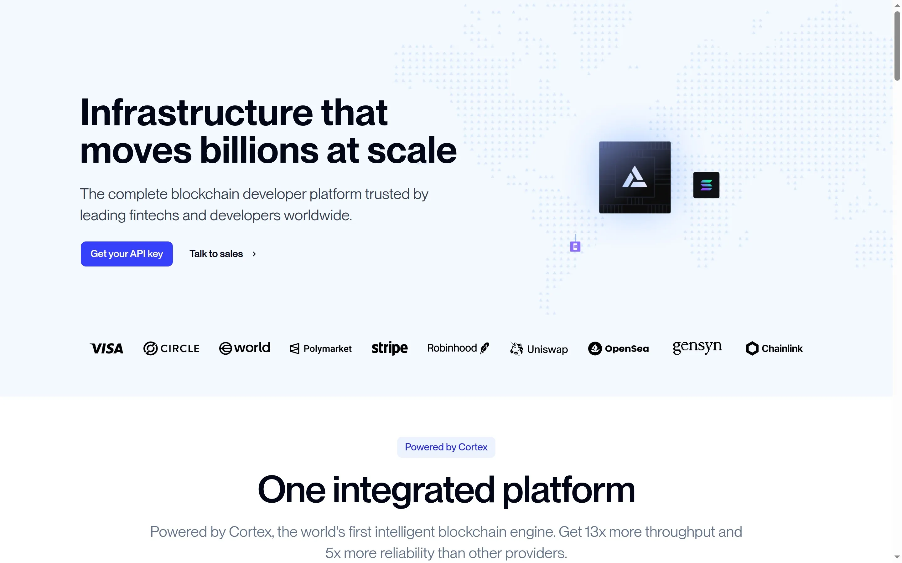 Alchemy homepage showing blockchain development platform messaging and infrastructure tools.