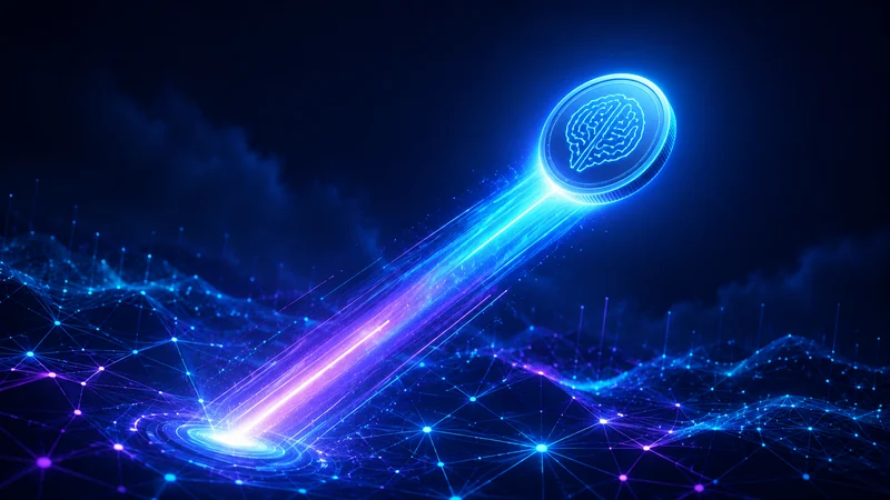 Abstract glowing AI brand spark emblem over a crypto network grid