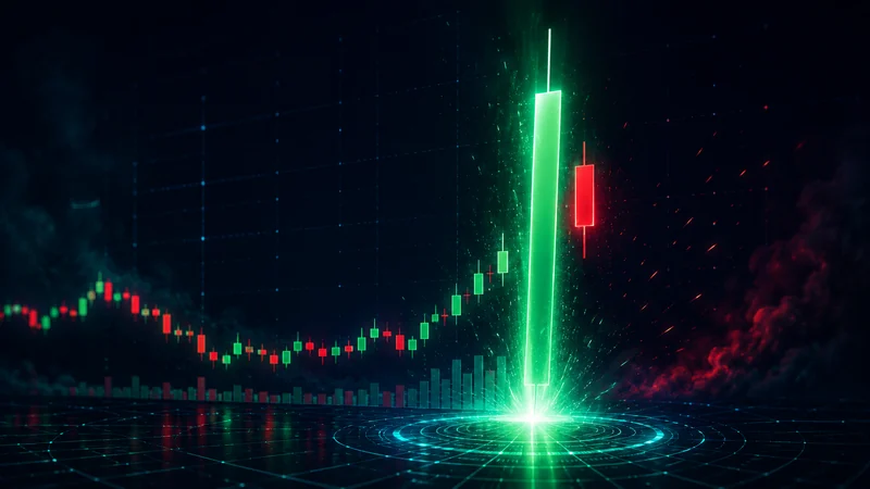 Abstract glowing green candlestick spike next to a red pullback candle showing volatility