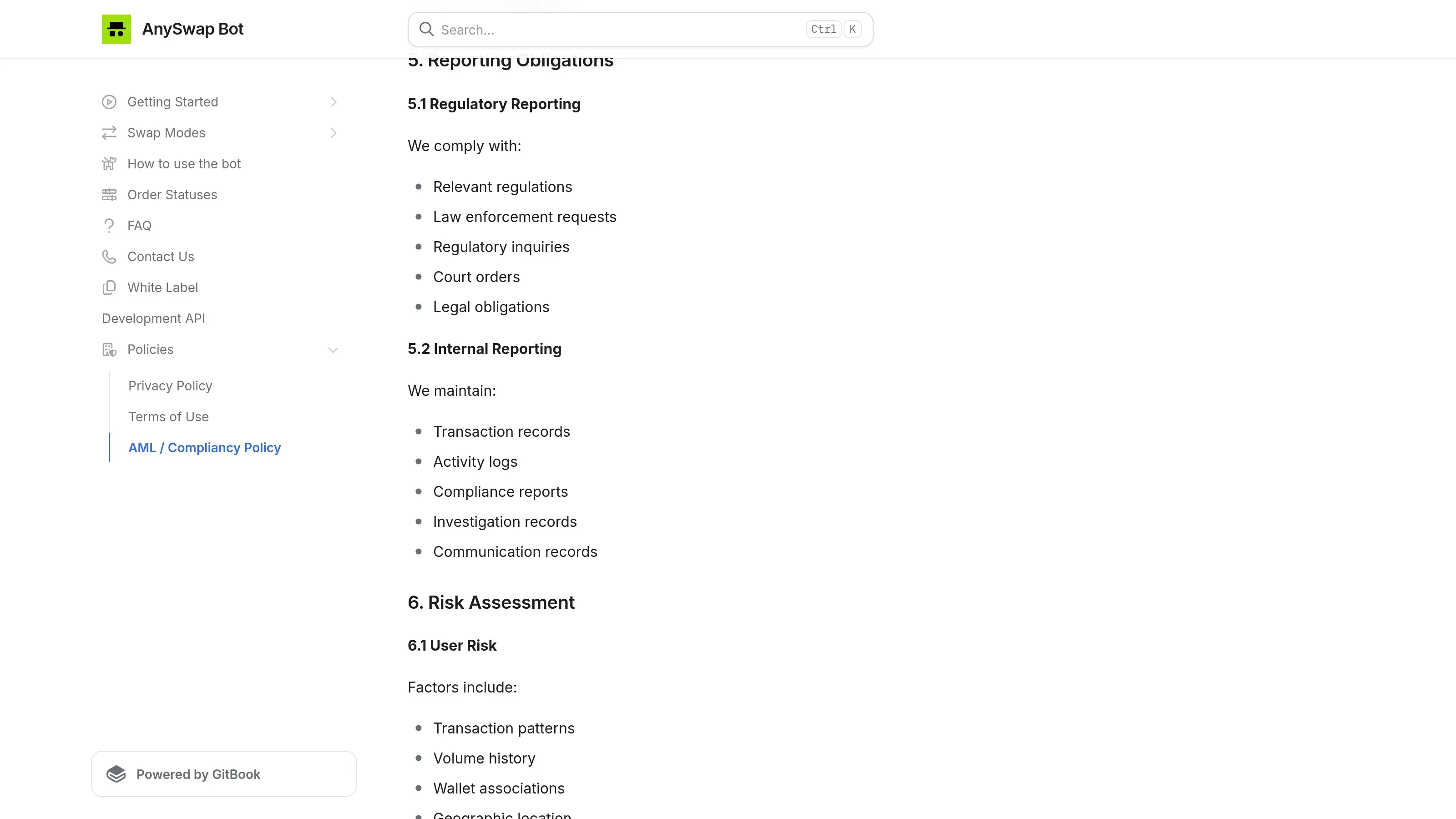 AnySwap AML policy page stating that KYC or proof of funds may be requested by AnySwap or its partners