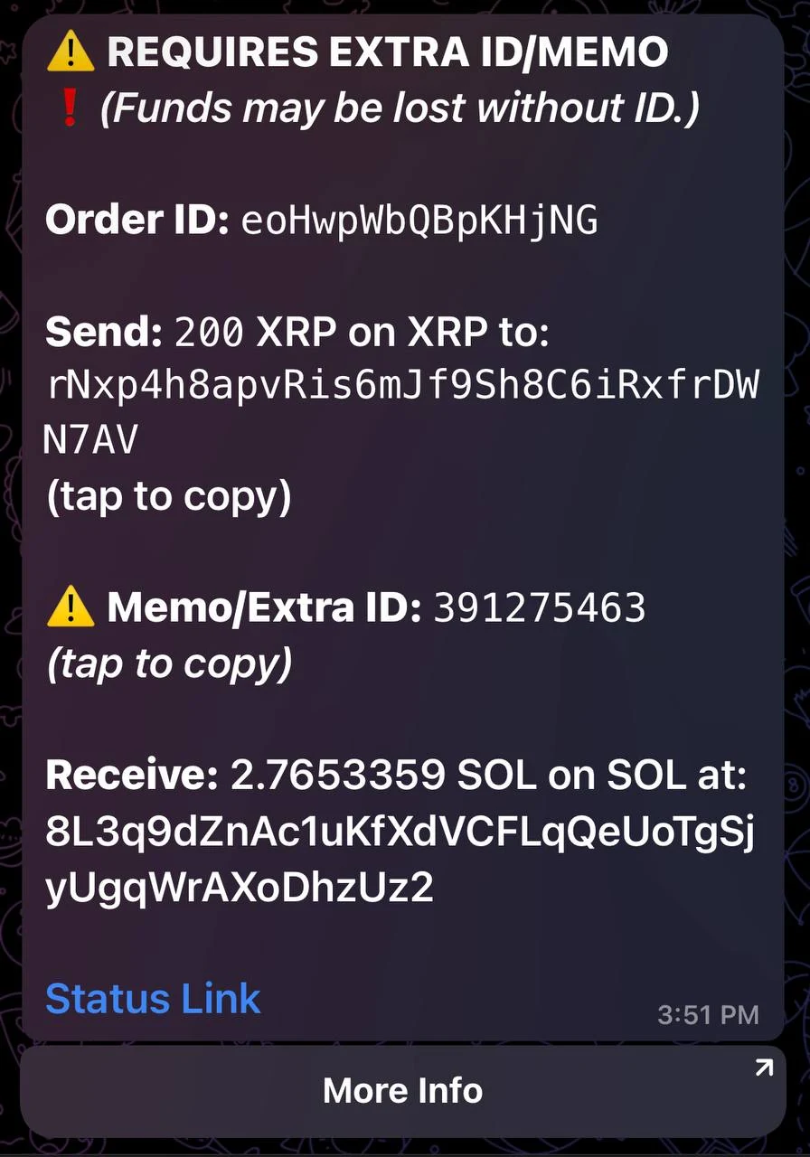 AnySwap bot guide memo order example showing an extra ID or memo requirement