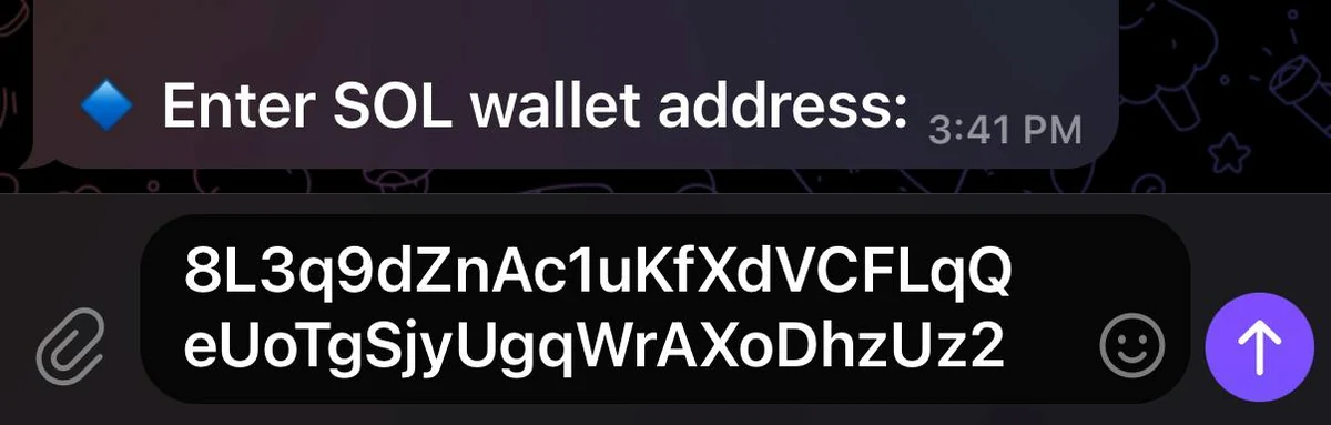 AnySwap bot guide screenshot showing the receiving wallet address entry step