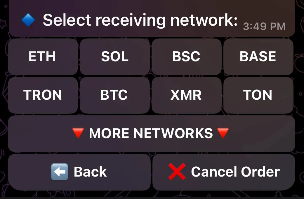 AnySwap bot guide screenshot showing the withdrawal network and currency selection step