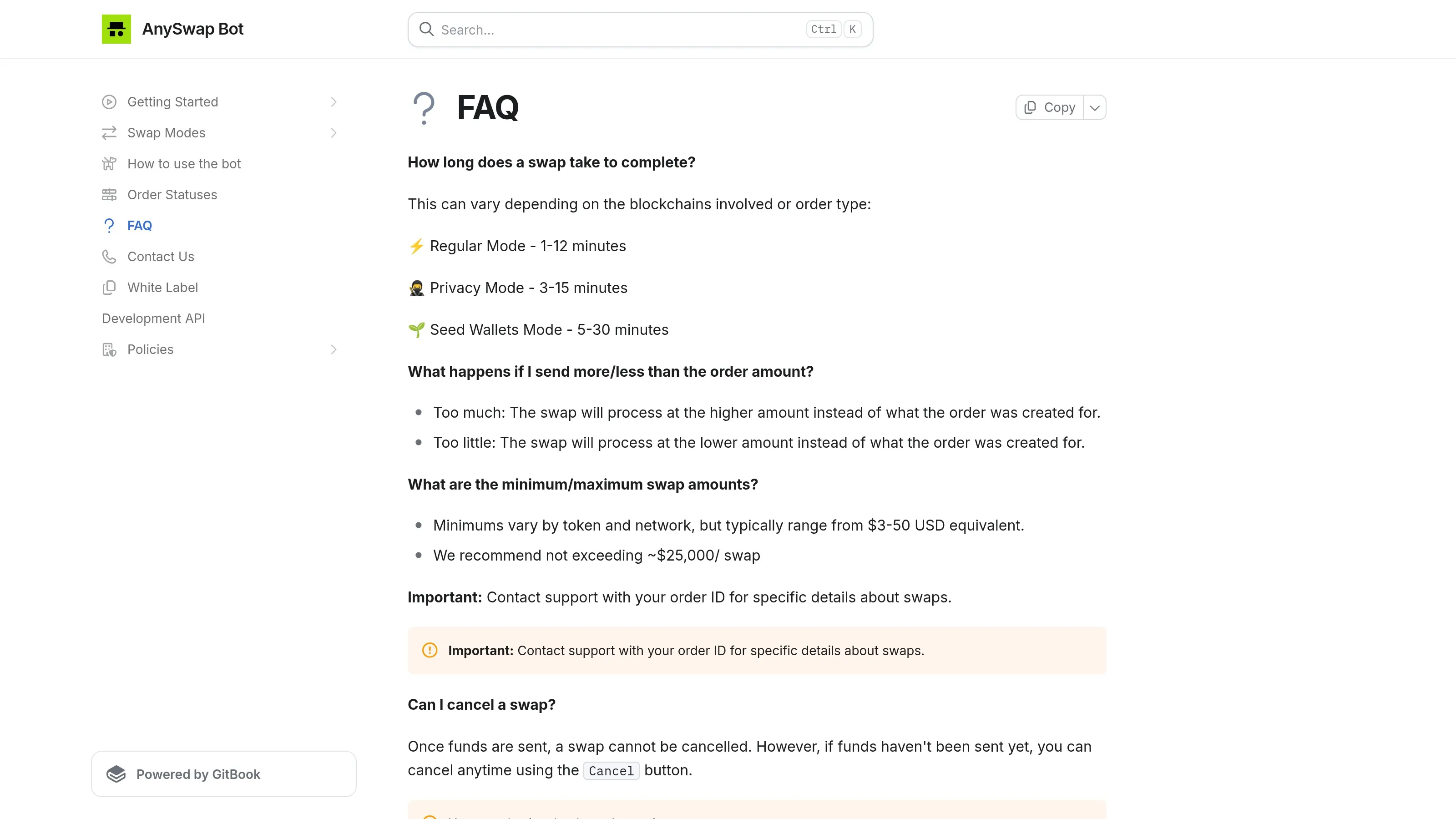 AnySwap FAQ page showing fee bands and timing ranges by mode