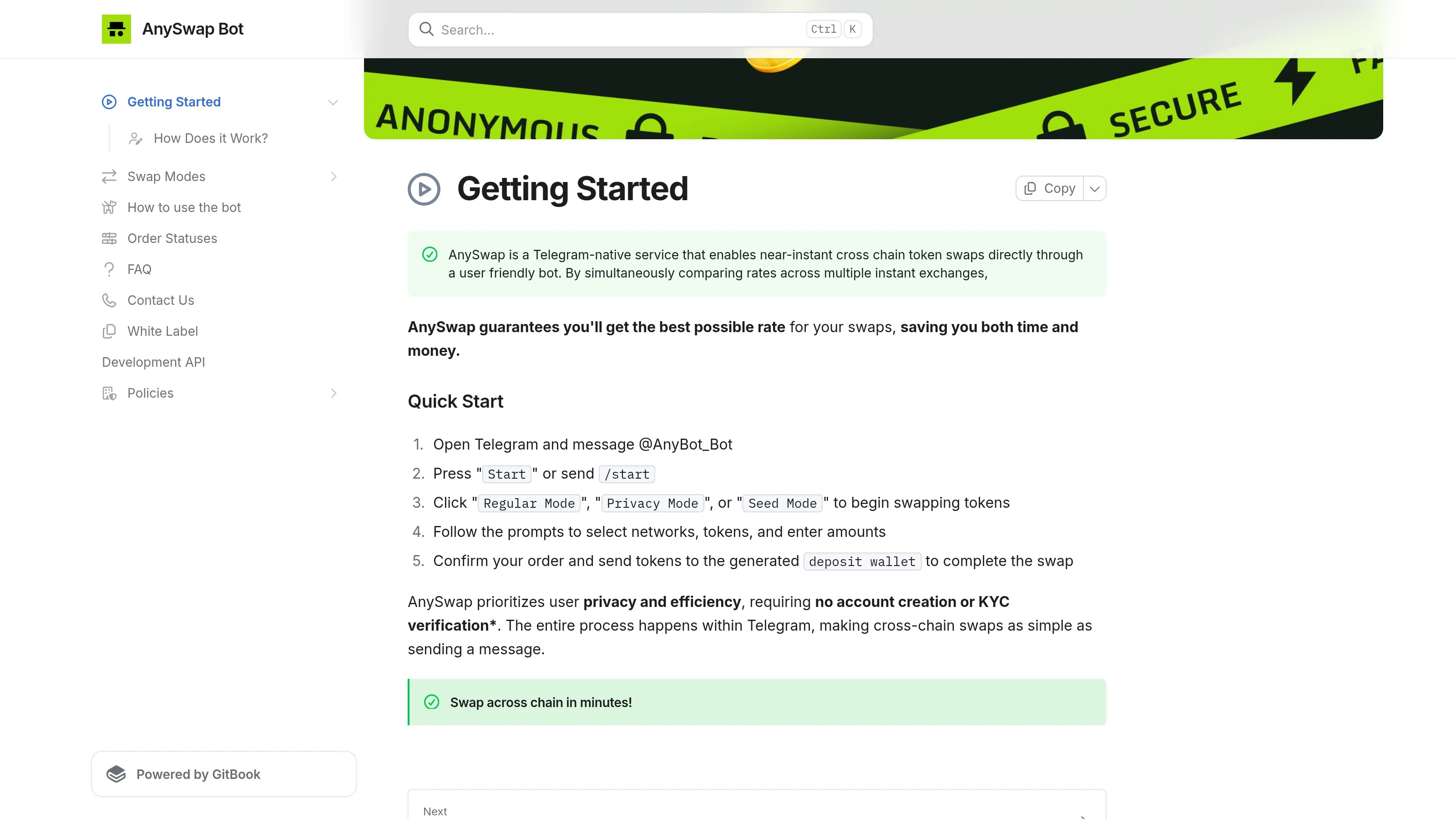 AnySwap getting started page from the live documentation