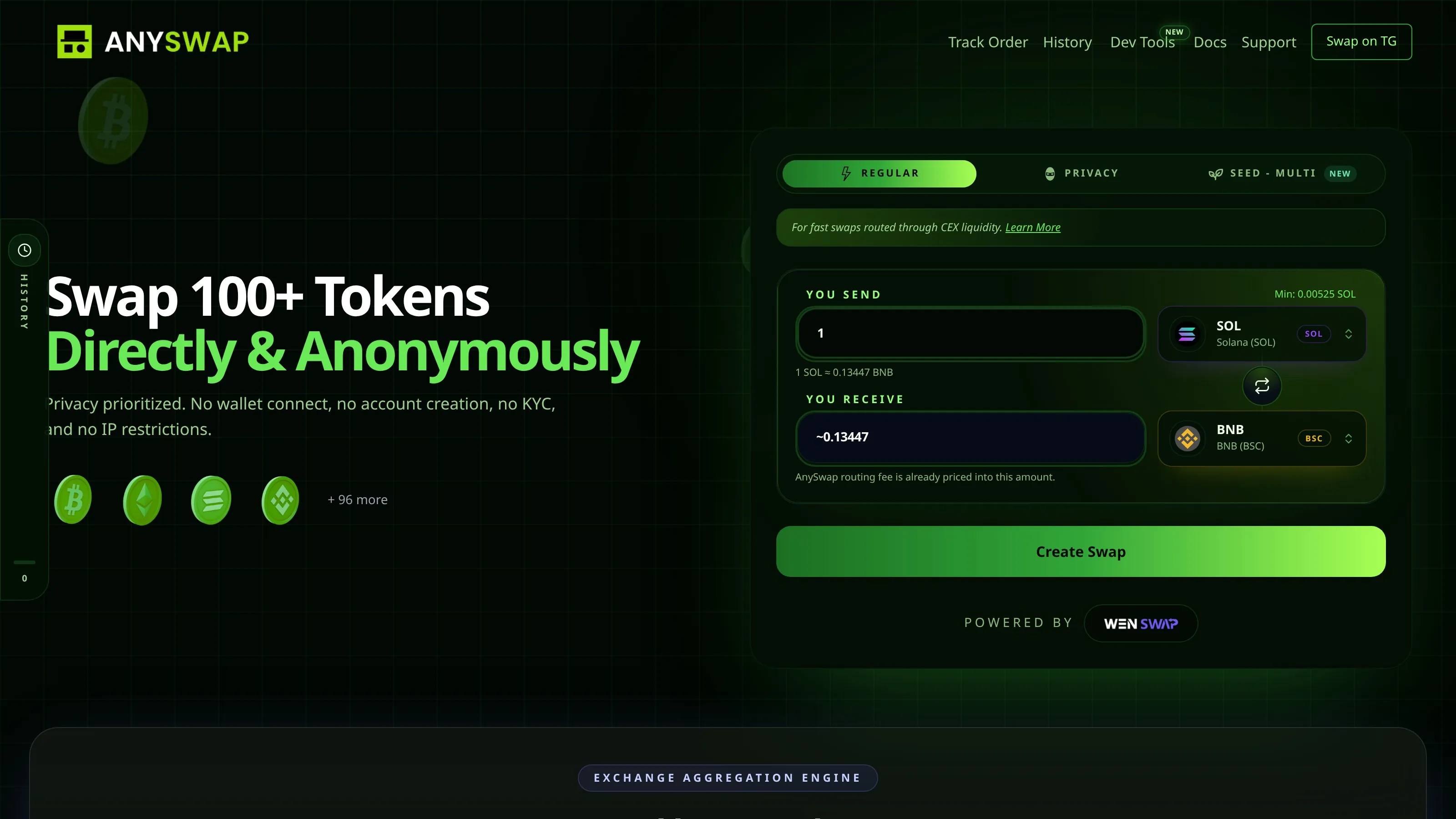 AnySwap homepage widget showing the live swap interface