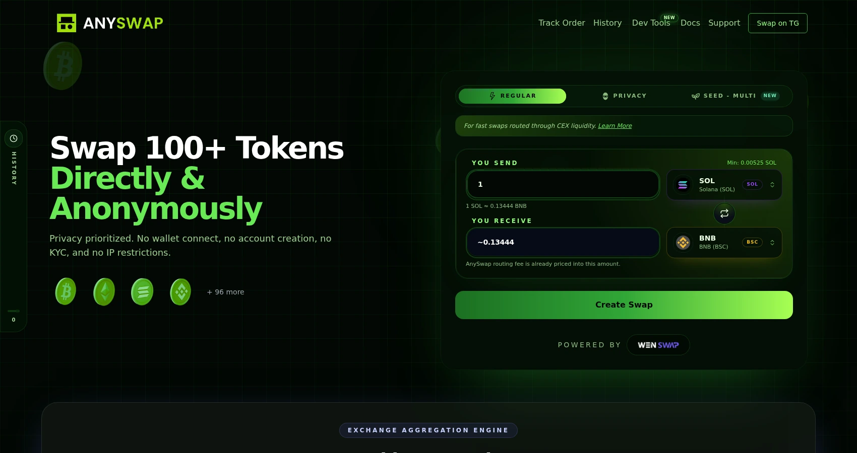 AnySwap homepage showing its swap interface and privacy-oriented positioning