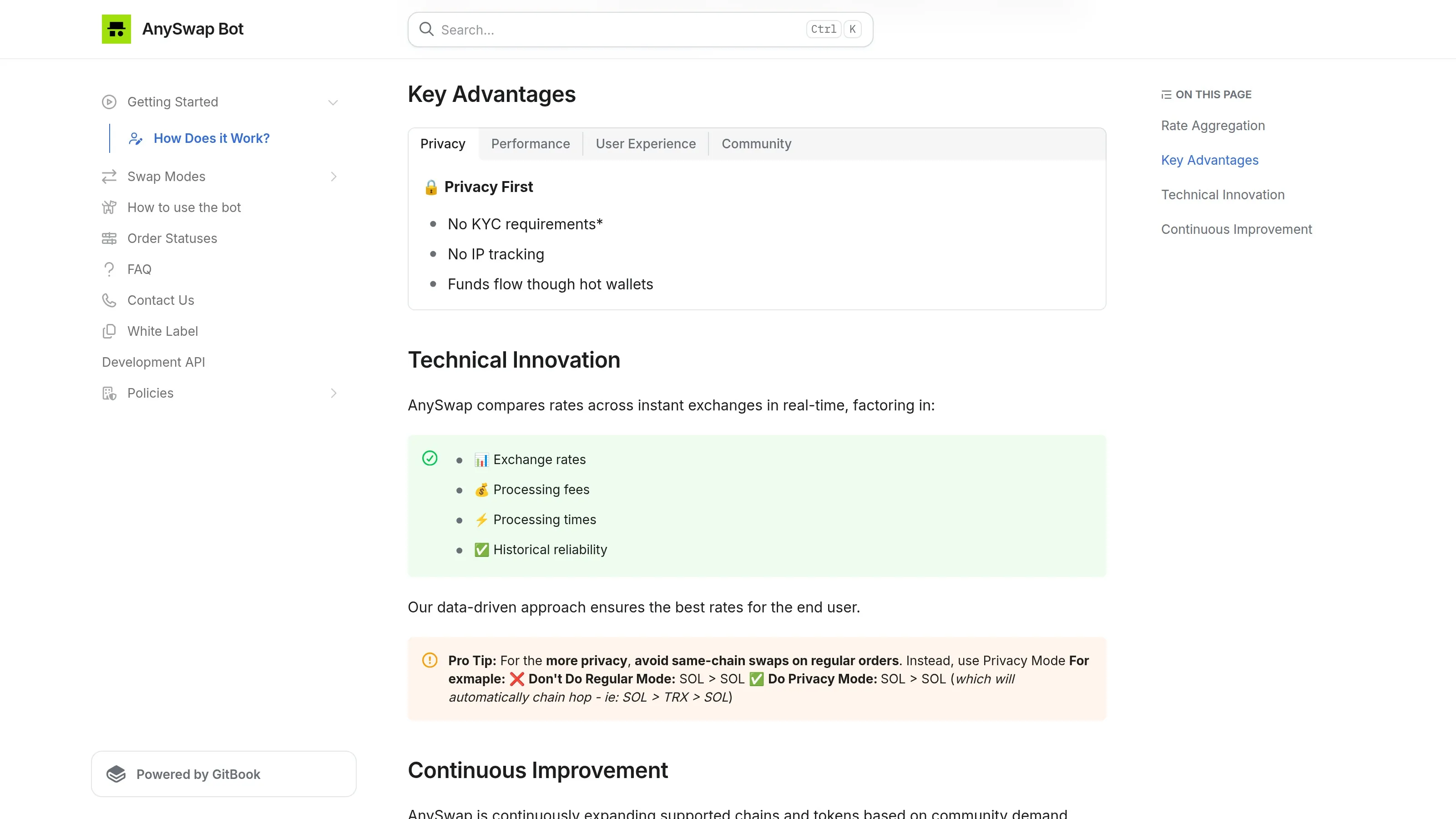 AnySwap GitBook page explaining how the service compares routes and executes swaps