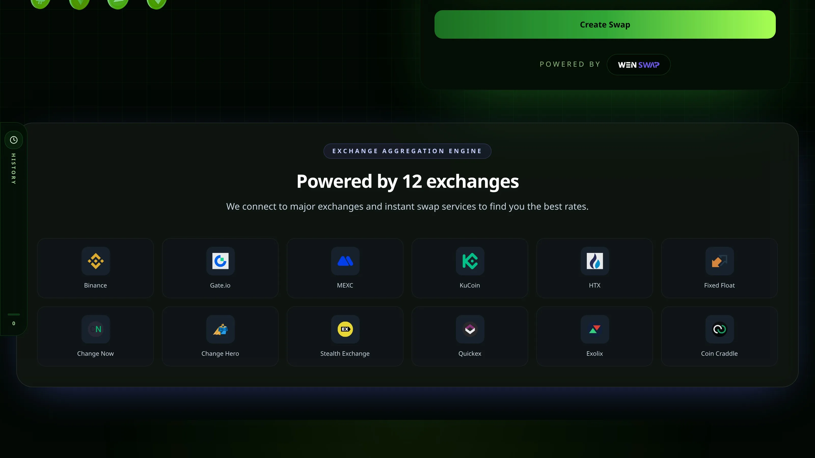 AnySwap homepage section showing that the service is powered by 12 exchanges