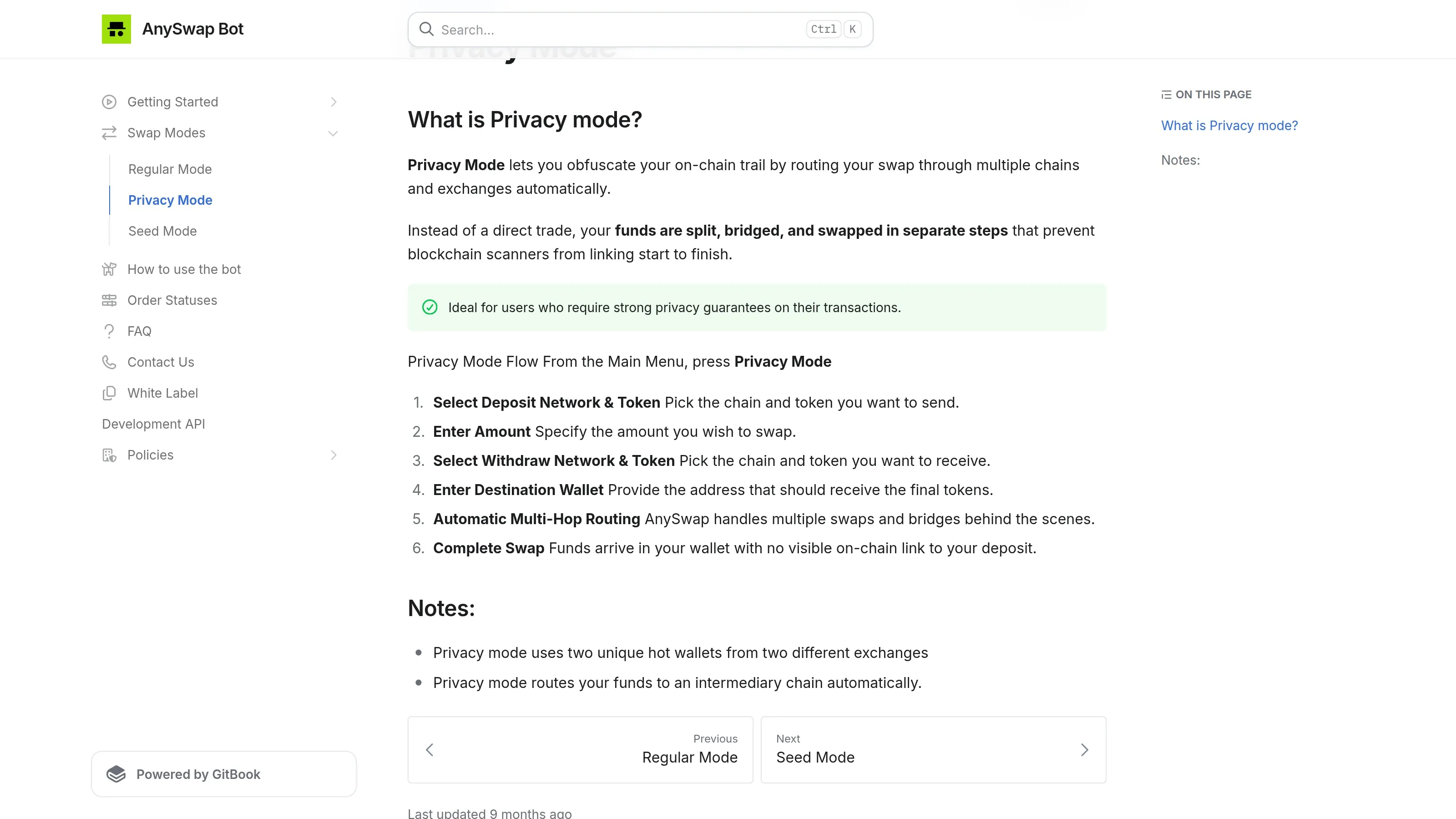 AnySwap GitBook Privacy Mode page describing multi-hop privacy-oriented swap routing