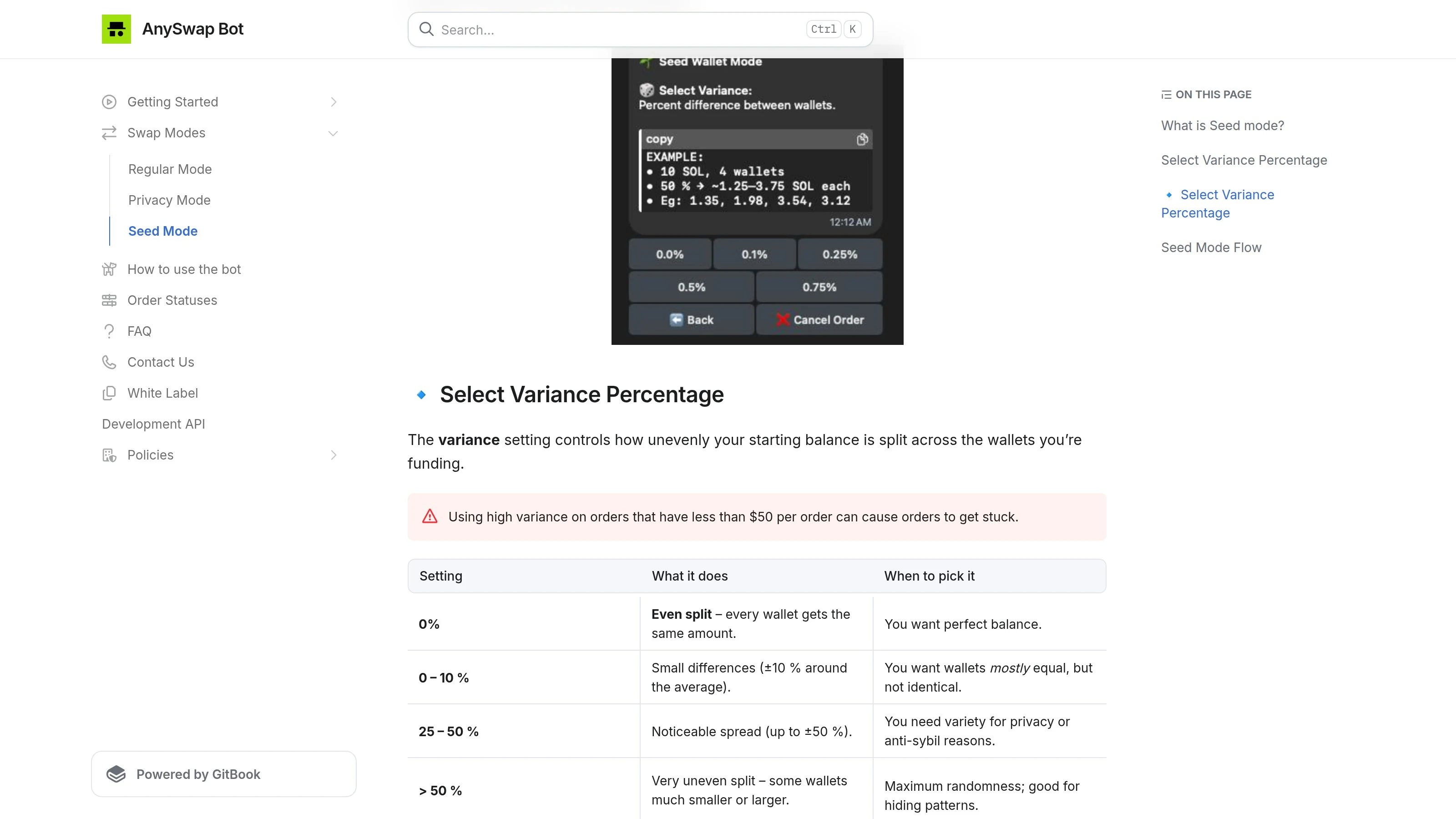 AnySwap Seed Mode page explaining multi-wallet distribution and variance settings