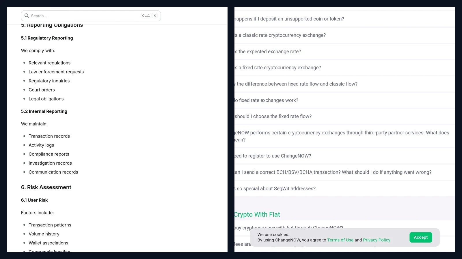 Side by side comparison of the AnySwap AML KYC policy and the ChangeNOW FAQ registration and automated risk management section