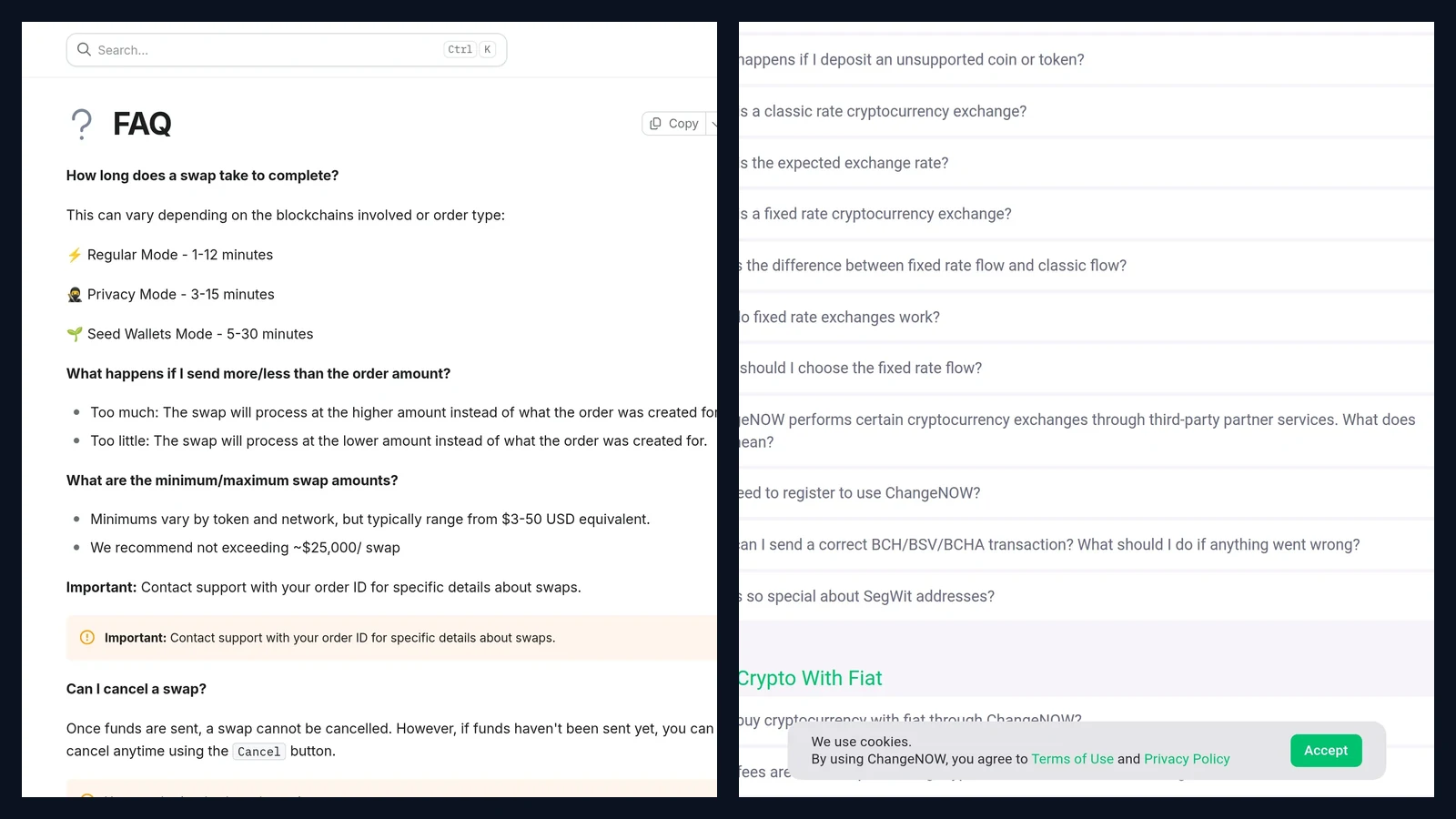 Side by side comparison of the AnySwap FAQ fee ranges and the ChangeNOW FAQ fee explanation
