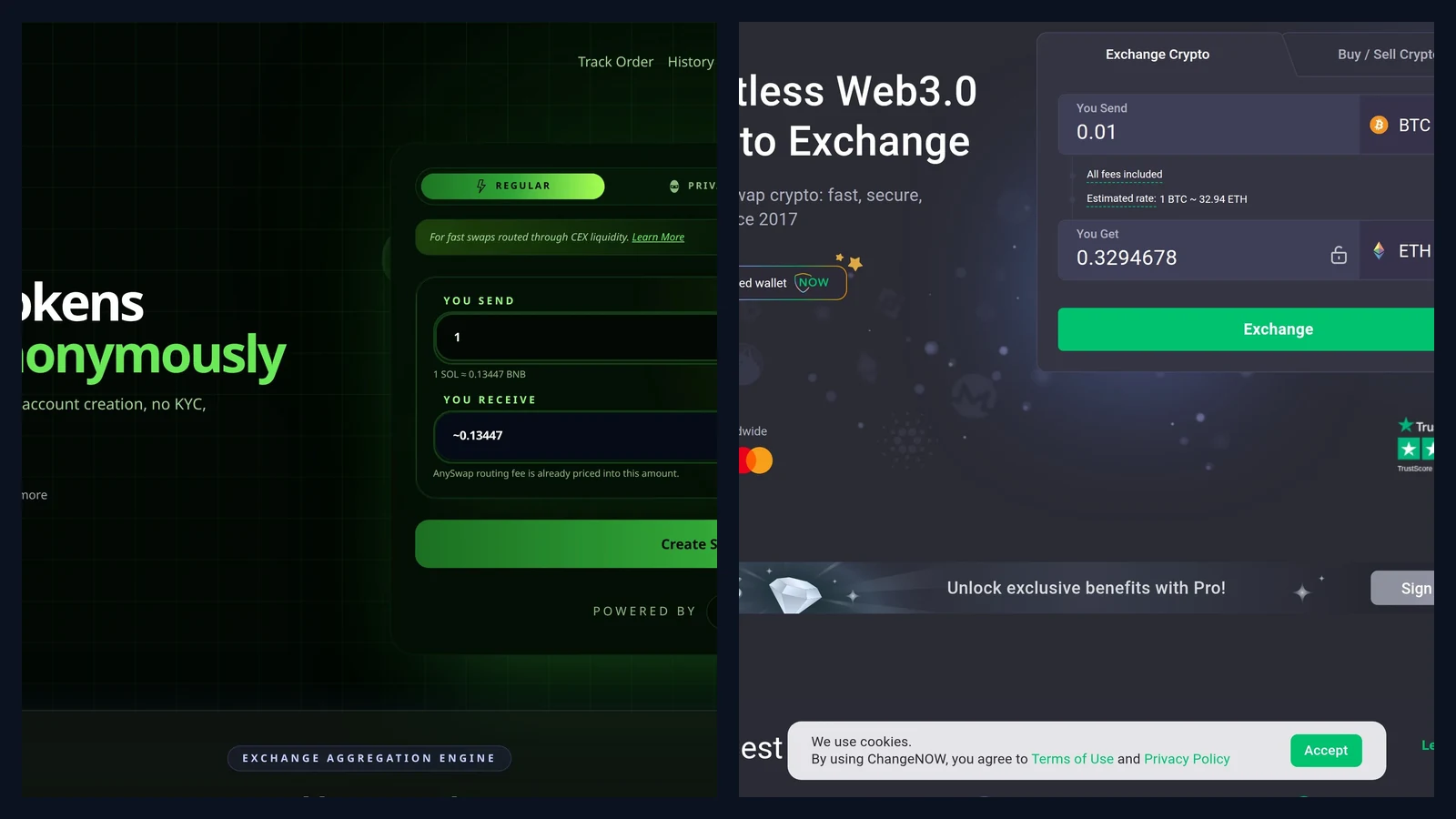 Side by side comparison of the AnySwap and ChangeNOW homepage swap widgets