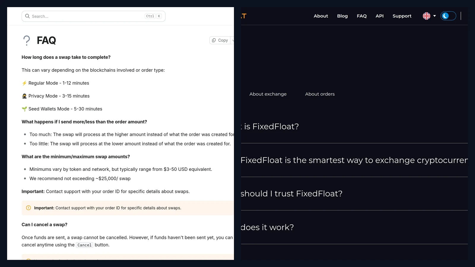 Side by side comparison of the AnySwap FAQ fee ranges and the FixedFloat FAQ fixed and float rate pricing