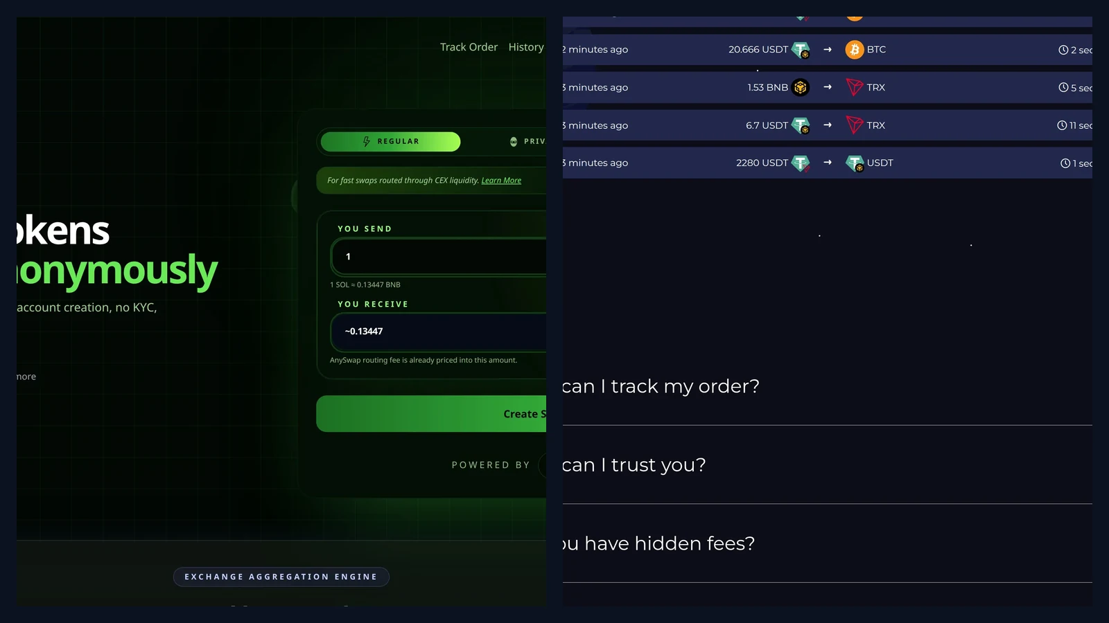 Side by side comparison of the AnySwap homepage widget and the FixedFloat homepage order type selector