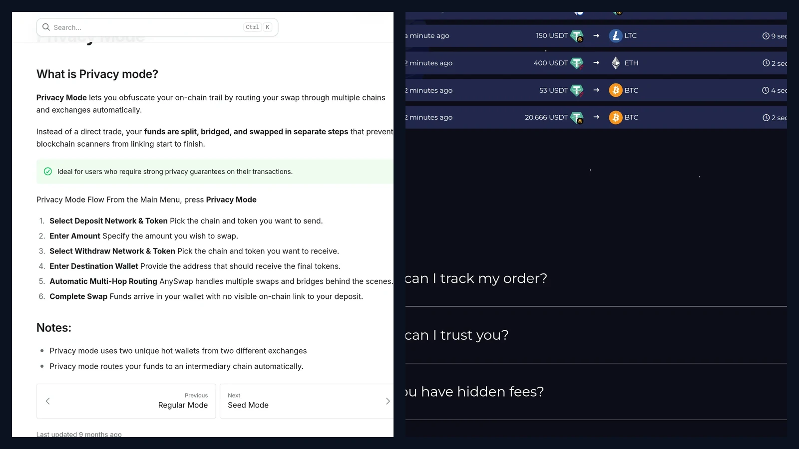 Side by side comparison of the AnySwap Privacy Mode page and the FixedFloat no-registration privacy statement