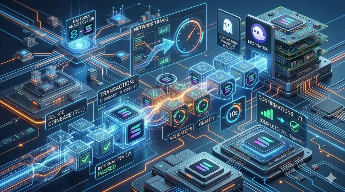 Illustration of Solana cryptocurrency transfer process from Coinbase to Phantom wallet in a DeFi guide.