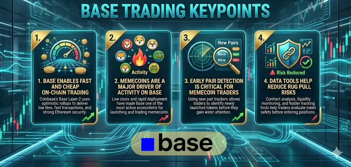 Infographic highlighting key trading points for memecoins on Base blockchain, Coinbase's Ethereum Layer-2 solution.