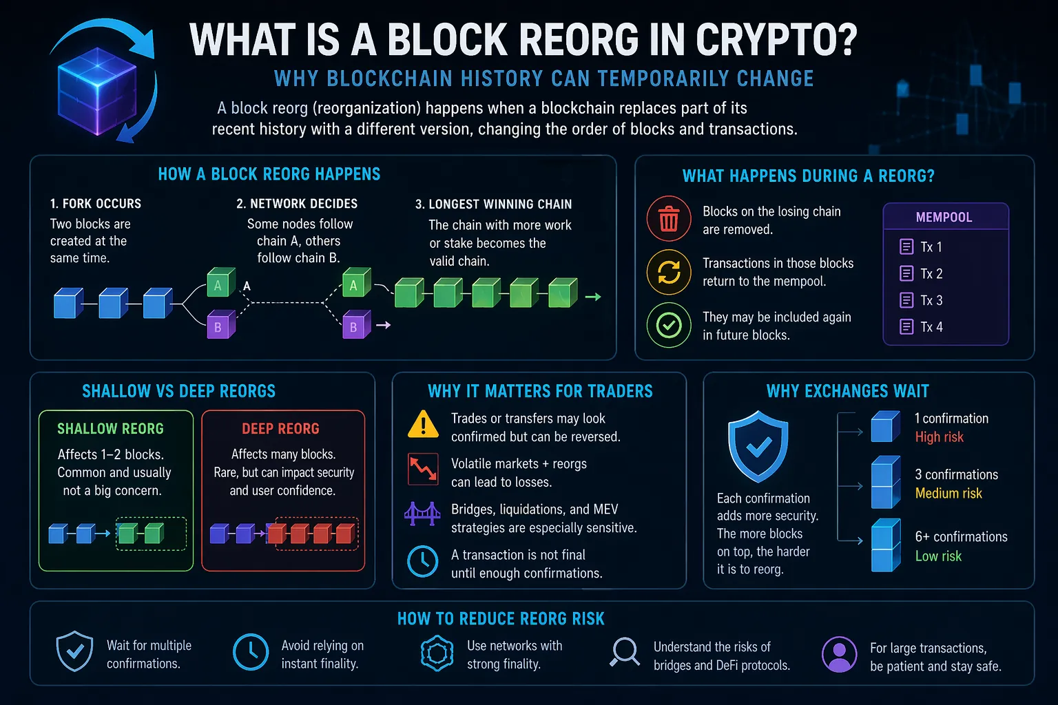 Illustration explaining blockchain reorgs, depicting the replacement of blocks in a cryptocurrency network.