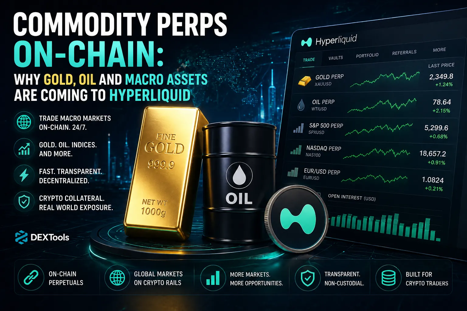 On-chain trading of macro assets like gold and oil through perpetual contracts on Hyperliquid platform.