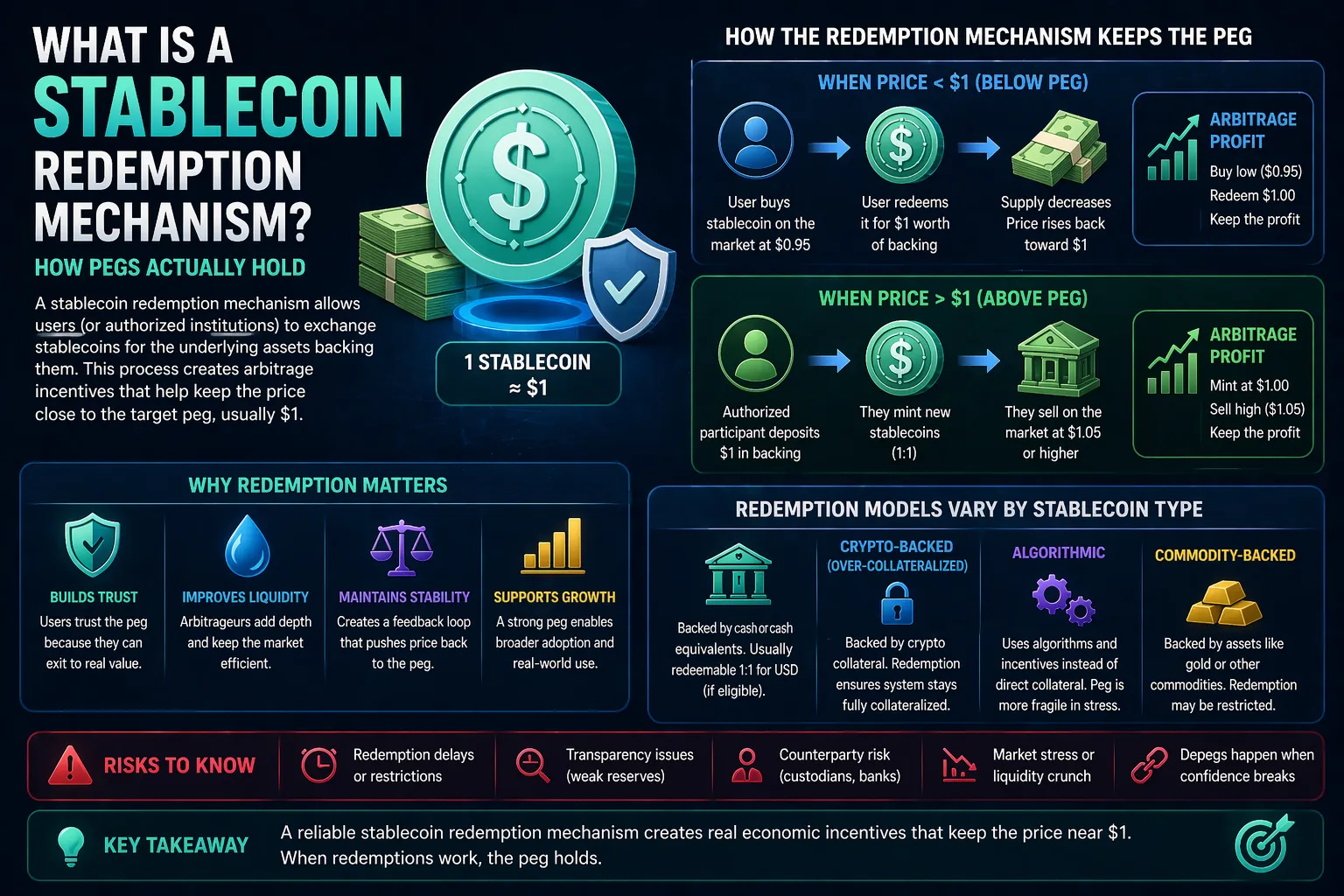 Stablecoin redemption mechanism illustration showing the exchange process between stablecoins and their backing assets.