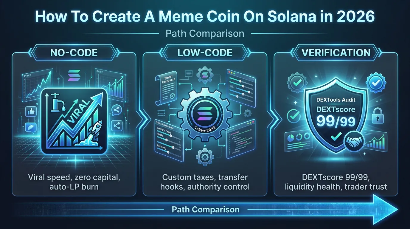 A person creating a meme coin on the Solana blockchain, showcasing no-code and low-code tools in a digital environment.