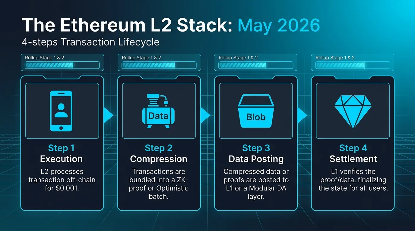 Illustration of Ethereum's Layer 2 scaling solutions, showcasing rollups and validiums in a modular blockchain architecture.