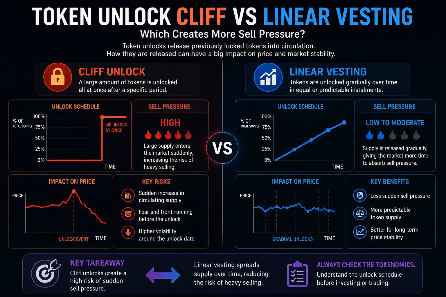 Comparison of token unlock cliff and linear vesting impacts on cryptocurrency sell pressure and market volatility.