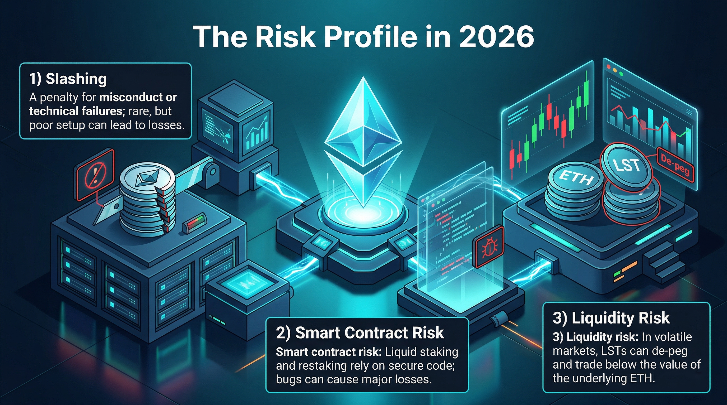 Ethereum staking infographic illustrating its role in network security and user yield in 2026.
