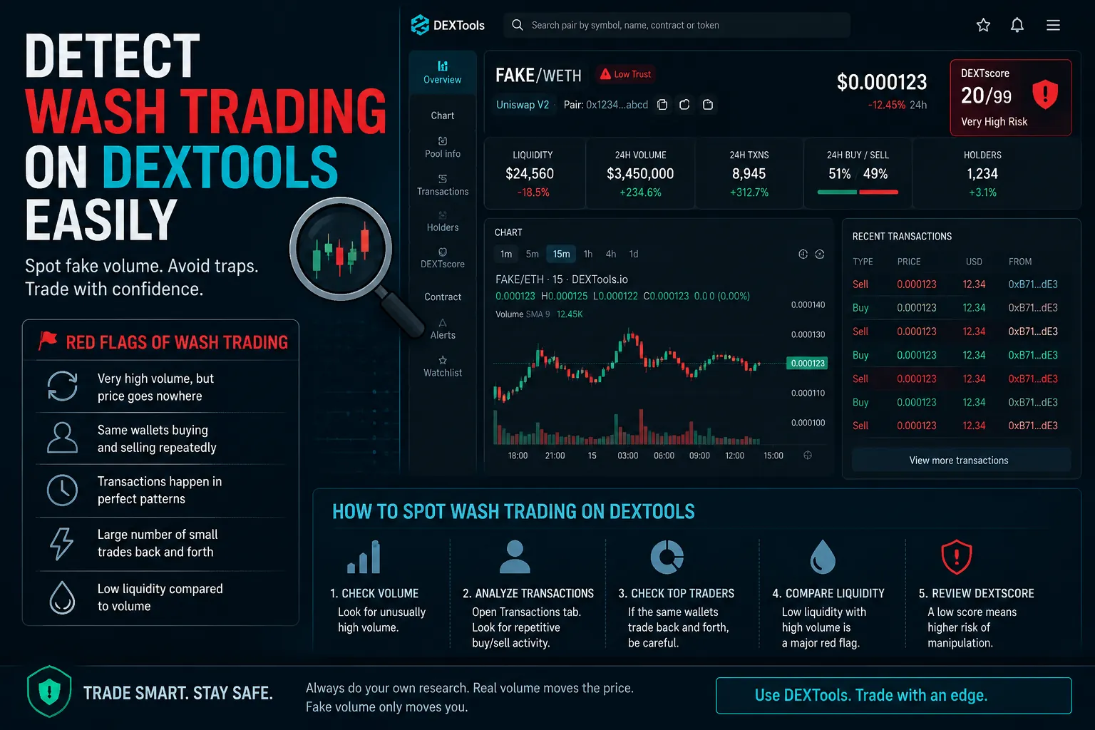 Visual guide on detecting wash trading in decentralized markets using DEXTools for crypto traders.