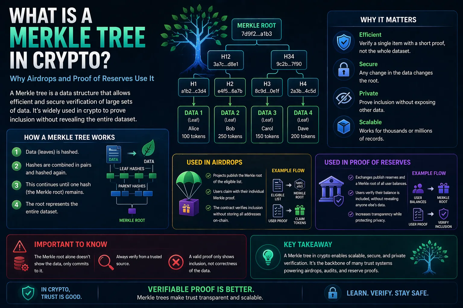 Illustration of a Merkle tree structure, highlighting its role in efficiently verifying data in blockchain technology.