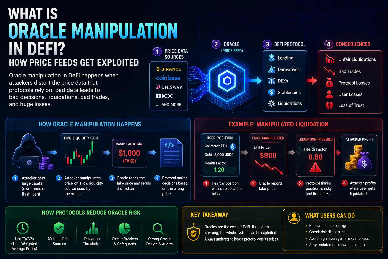 Illustration of Oracle manipulation in DeFi, highlighting price feed exploitation and its impact on decentralized finance protocols.