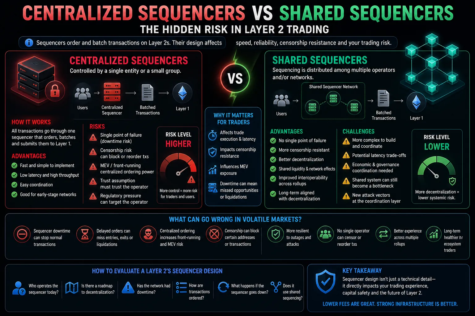 Centralized vs shared sequencers in Layer 2 trading, illustrating transaction ordering and its impact on crypto trading efficiency.