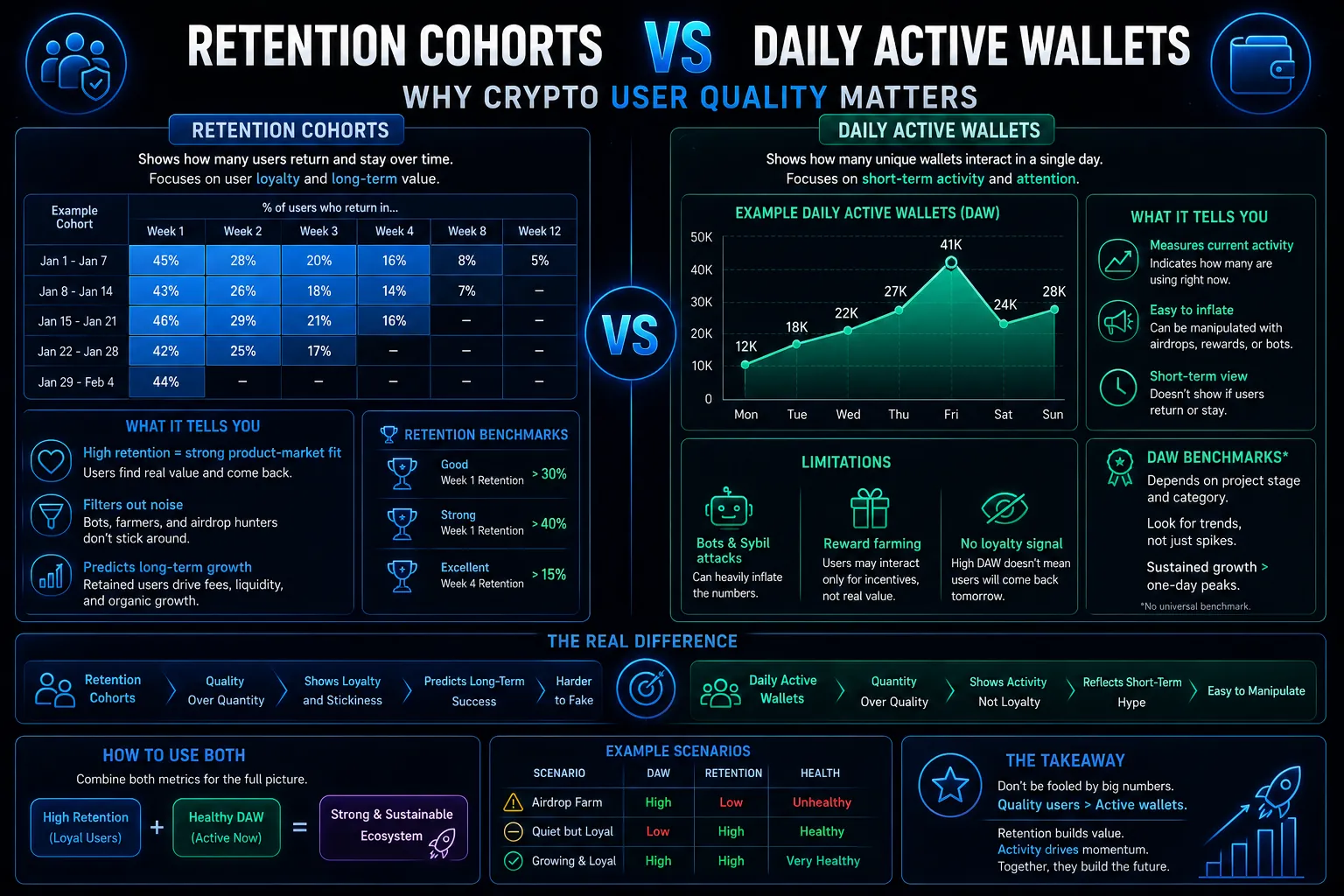 Retention Cohorts vs Daily Active Wallets: Why Crypto User Quality Matters