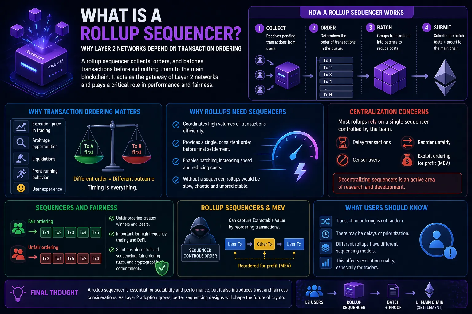 Illustration of a rollup sequencer in Layer 2 blockchain technology, highlighting its role in transaction processing and batching.