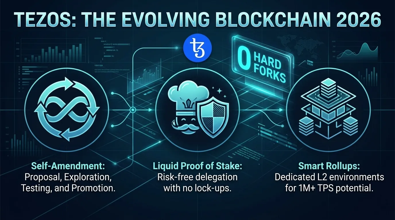 Tezos blockchain logo with a futuristic design, symbolizing its self-amending capabilities and governance features in 2026.