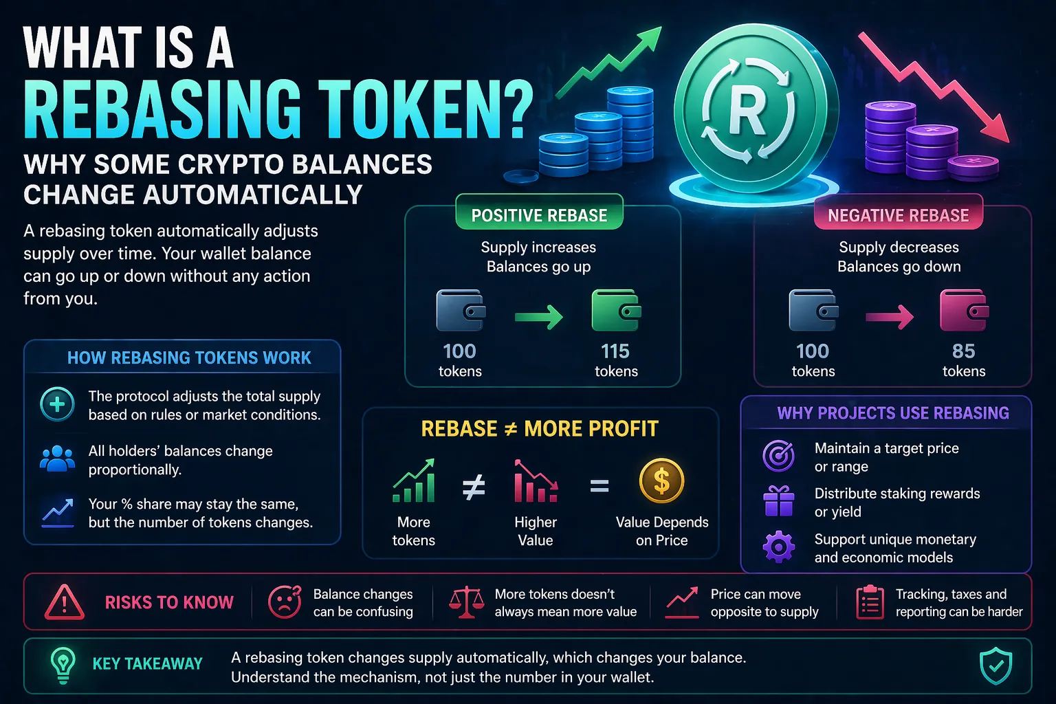 Illustration of a rebasing token concept, depicting automatic supply changes in cryptocurrency wallets.