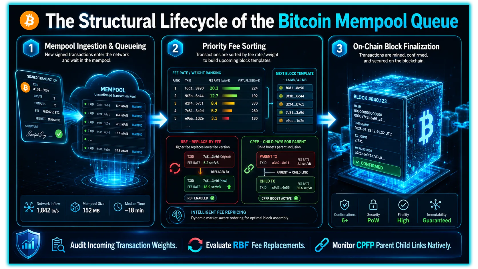 Illustration of the Bitcoin Mempool concept, depicting transactions waiting to be confirmed on the blockchain.