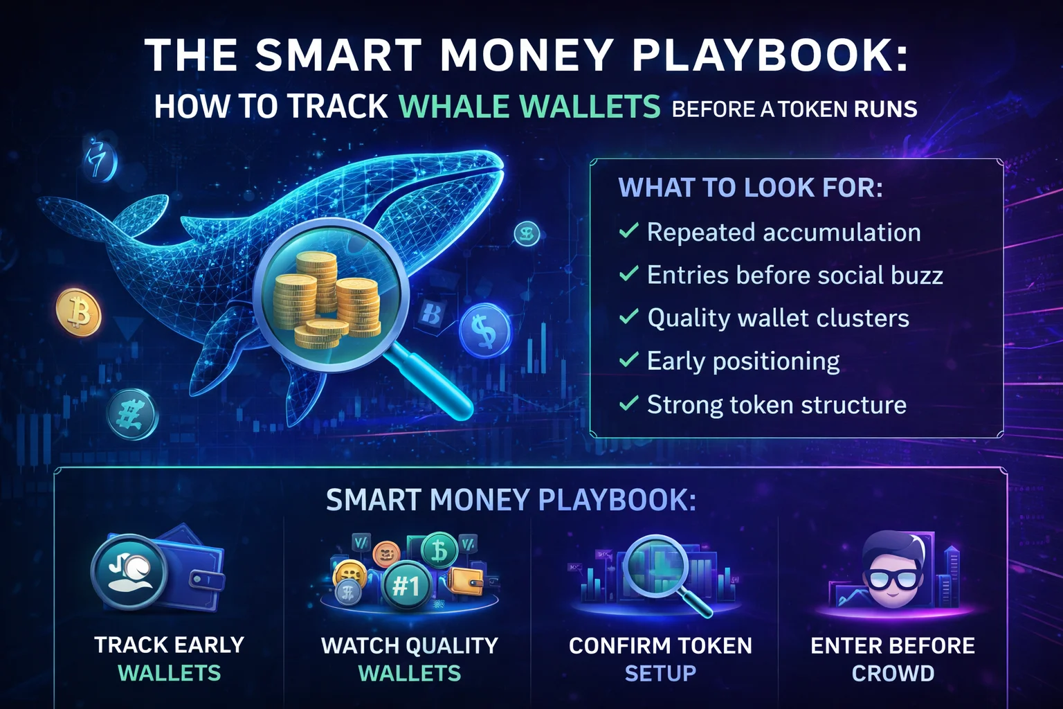 Crypto whale wallets tracking smart money movements before price changes in the market.