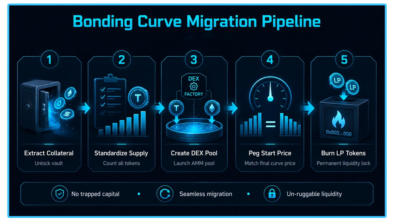 Illustration of token bonding curve migration process in decentralized finance (DeFi) for micro-cap digital assets.