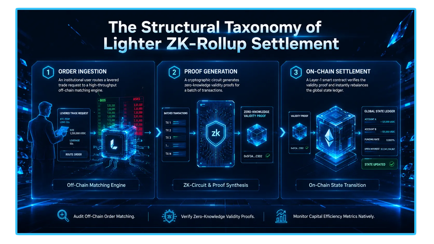Illustration of zero-fee ZK DEX architecture highlighting decentralized perpetual derivatives exchanges in DeFi.