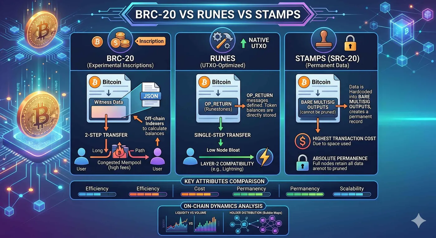 BRC-20 vs Runes vs Stamps: Bitcoin Tokens Compared