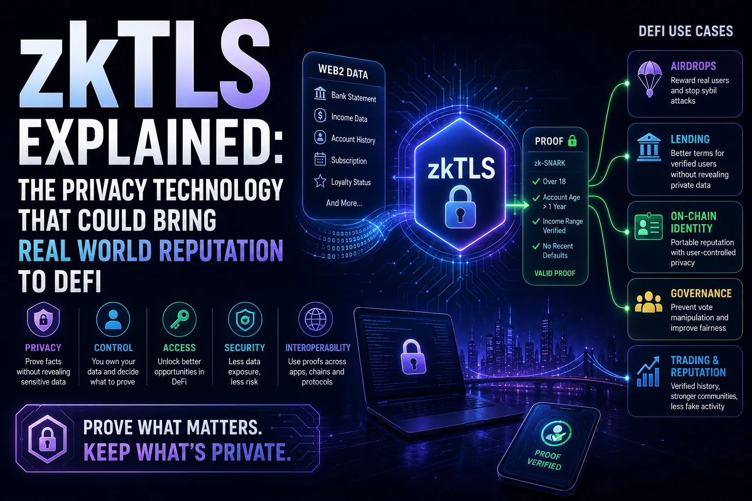 Illustration of zkTLS technology enhancing privacy and reputation in DeFi, showcasing secure identity solutions in crypto.